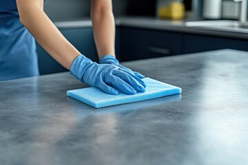 A woman cleans the kitchen table. Household appliances, general cleaning, housekeeping, cleaning services concept. wipes the tabletop with a sponge