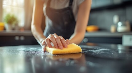 A woman cleans the kitchen table. Household appliances, general cleaning, housekeeping, cleaning services concept. wipes the tabletop with a sponge