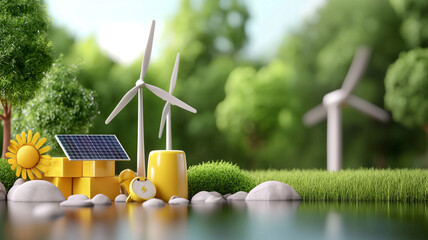 A vibrant scene showcasing renewable energy elements with solar panels and wind turbines surrounded by lush greenery, depicting a sustainable future