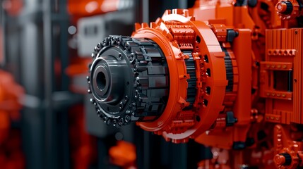 Obraz premium A detailed close-up of a vivid orange engine part, showcasing intricate mechanical components designed for advanced machinery.