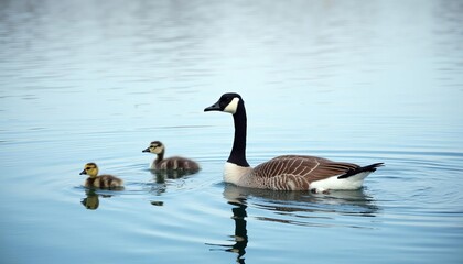 Fototapeta premium Canadian geese family on a calm lake, rippling water, soft blue tones, serene reflections, goslings, tranquil spring day, wildlife 