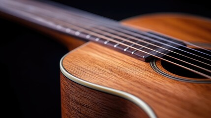 Acoustic guitar detail, wood grain, strings, black background, music website