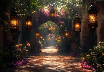 Enchanted Garden Pathway with Hanging Lanterns and Blooming Flowers

