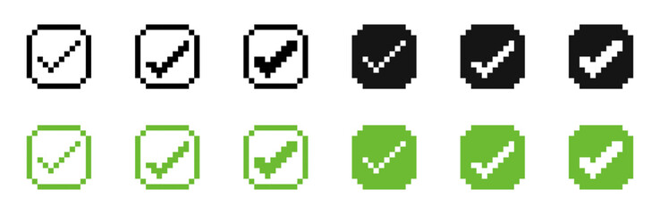 Pixel check mark icons. Pixel art check mark simple design. Pixelated tick icons. Checkmark pixel art style vector icons.