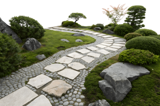 Serene Stone Path: A winding stone pathway meanders through a meticulously manicured Japanese garden,  featuring carefully placed rocks, lush green moss, and sculpted shrubs.