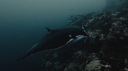 Fototapeta premium Majestic manta ray gliding gracefully over vibrant coral reef in deep ocean waters