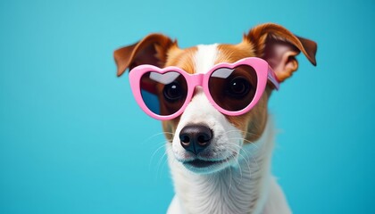 Dog portrait with pink heart sunglasses, blue background, studio lighting, cute expression, whimsical, fashionable, high detail, adorable