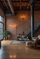 Industrial-Style Loft Apartment with Brick Walls and High Ceiling