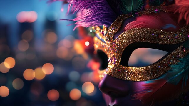 Mysterious Carnival Mask Against City Lights