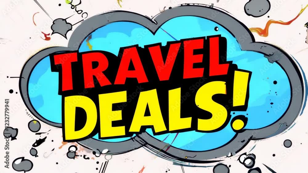 Poster a cartoonish image of a cloud with the words travel deals written in red and yellow. the image is in