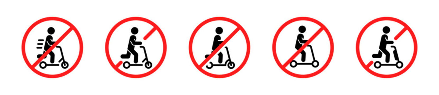 No electric scooter signs. No kickscooter vector icons. Electric scooter prohibition road signs. E-scooter prohibition area symbols.