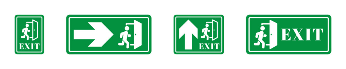 Emergency exit green board icons. Exit symbols on green safety boards