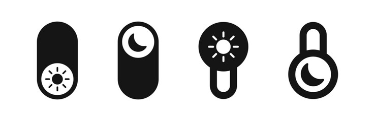 Day and night toggle switch buttons. Dark and lite mode icons. Day and night mode buttons. Dark and light mode switch button icons.