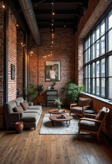 Industrial Style Loft Living Room with Exposed Brick and Wooden Floor