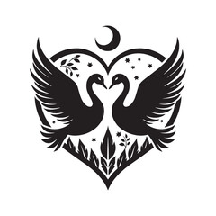 Obraz premium Serenade of Serenity Swans in the Silhouetted Nature-Crafted Heart