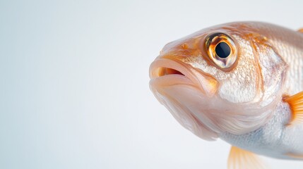 close-up of a fish face on a white background