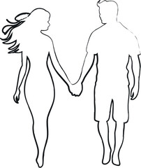 Couple holding hands while walking together. Contour drawing in black color. This silhouette style illustration conveys themes of love, companionship, romance and emotional connection, making it perfe