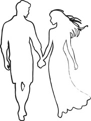Couple holding hands while walking together. Contour drawing in black color. This silhouette style illustration conveys themes of love, companionship, romance and emotional connection, making it perfe