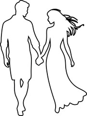 Couple holding hands while walking together. Contour drawing in black color. This silhouette style illustration conveys themes of love, companionship, romance and emotional connection, making it perfe