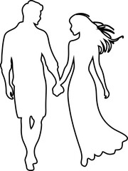 Couple holding hands while walking together. Contour drawing in black color. This silhouette style illustration conveys themes of love, companionship, romance and emotional connection, making it perfe