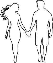 Couple holding hands while walking together. Contour drawing in black color. This silhouette style illustration conveys themes of love, companionship, romance and emotional connection, making it perfe