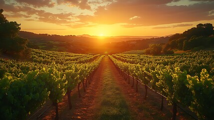 Fototapeta premium Vineyard sunset landscape, rows, hills, golden hour, agriculture, peaceful, nature, travel, wine, photography