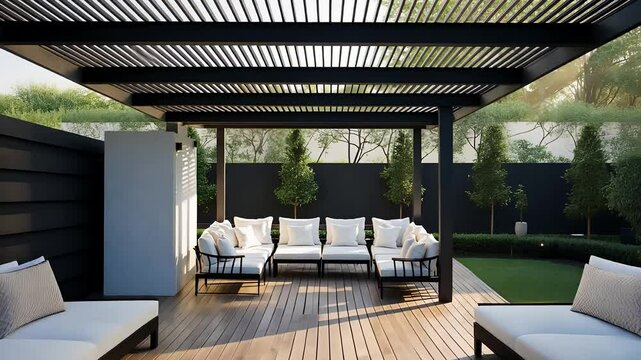 Modern Outdoor Lounge with Pergola, Wooden Deck, White Cushioned Seating, and Green Garden in a Luxury Backyard

