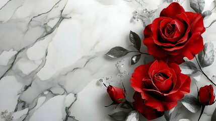Elegant Red Rose Design Enhanced with Marble Textures and Silver Accents for a Refined Look-