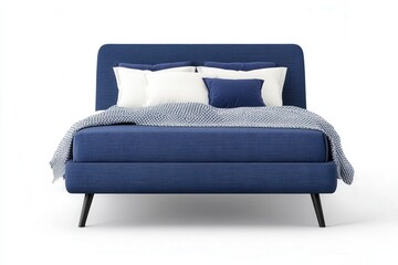 modern blue upholstered bed with white and blue bedding on a white background