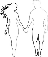 Couple holding hands while walking together. Contour drawing in black color. This silhouette style illustration conveys themes of love, companionship, romance and emotional connection, making it perfe