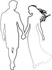 Couple holding hands while walking together. Contour drawing in black color. This silhouette style illustration conveys themes of love, companionship, romance and emotional connection, making it perfe