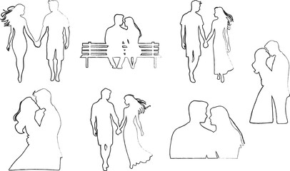  A collection of minimalistic black-and-white line art illustrations depicting romantic couples in various poses. The designs showcase couples holding hands, kissing, sitting on a bench, and gazing in