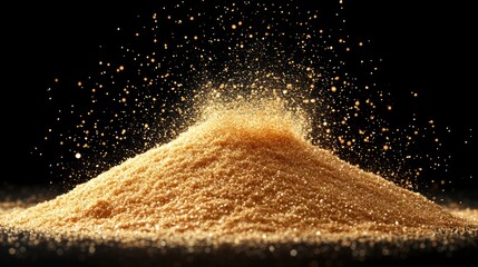 Brown sugar pile explosion, dark background, food photography, recipe ingredient