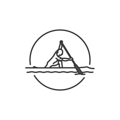 A simple line drawing depicts a person paddling a kayak, enclosed within a circular border. The figure is shown in profile, using a single-blade paddle to navigate the water.