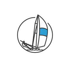 A simple circle encompasses a stylized sailboat with an individual leaning back, sporting a blue stripe on the sail. The icon captures the essence of motion associated with the sailing sport.