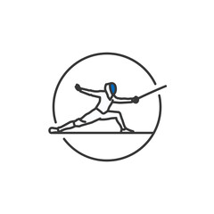 A sleek icon showcases a fencer in action, lunging with foil, enclosed by a circular frame. The figure wears a helmet with a blue visor, and fencing gear emphasizes agility and precision