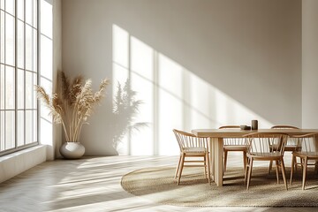 A contemporary interior filled with bright light, featuring an empty room with a table and chairs, designed as a mock-up for showcasing furniture templates.
