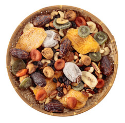 Mix of dried tropical fruits, nuts, and raisins isolated on a white background.