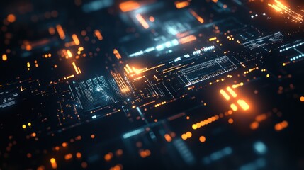 Fototapeta premium Abstract digital data flow, glowing circuit board.