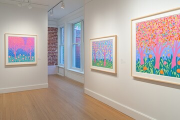 Colorful Art Gallery Interior with Vibrant Floral Paintings