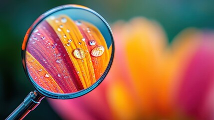 Close-up of dew drops on flower petals magnified by a magnifying glass.