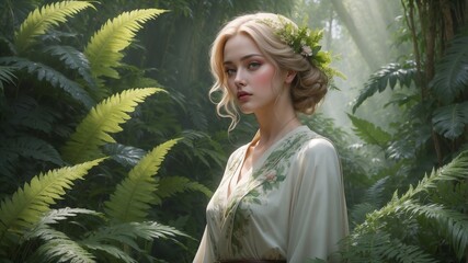 Elegant Woman in a Lush Green Forest
