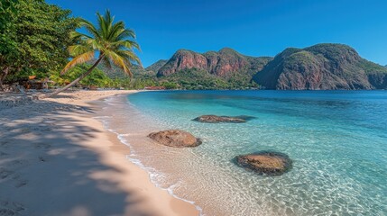 Obraz premium Idyllic tropical beach with clear water, palm trees, and mountains.