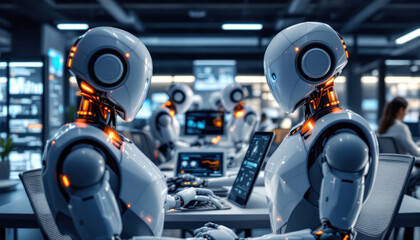 Fototapeta premium Future of Work: Humanoid Robots Collaborating in a Modern Tech Office