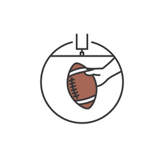 An illustration of a hand holding a football with a goalpost at the top. This icon represents the sport of American football, highlighting the action of holding the ball, which is central to the game