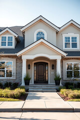 Luxury Home Exterior: Modern Architectural Design, Beige Facade, Stone Accents, Landscaped Pathway