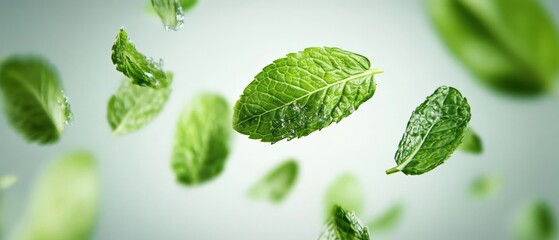 fresh mint leaves falling with water droplets