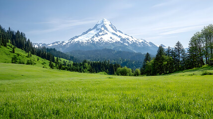 Fototapeta premium Majestic mountain vista, green meadow, sunny day, nature background, scenic travel poster