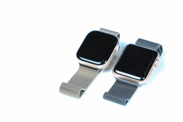 Digital smart watch, LED black screen electronic smartwatch with  Metal watch band isolated on white background.