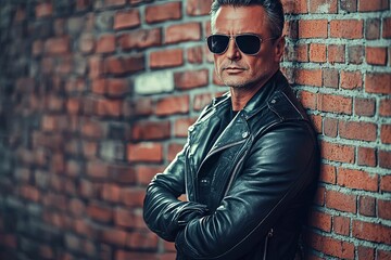 Obraz premium Cool stylish man wearing sunglasses and leather jacket, leaning against a brick wall with copyspace.